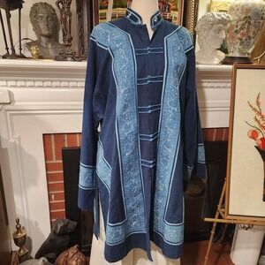 Vintage Exotic Embroidered Denim Overcoat Toggle Closure Blue Boho XL XXL